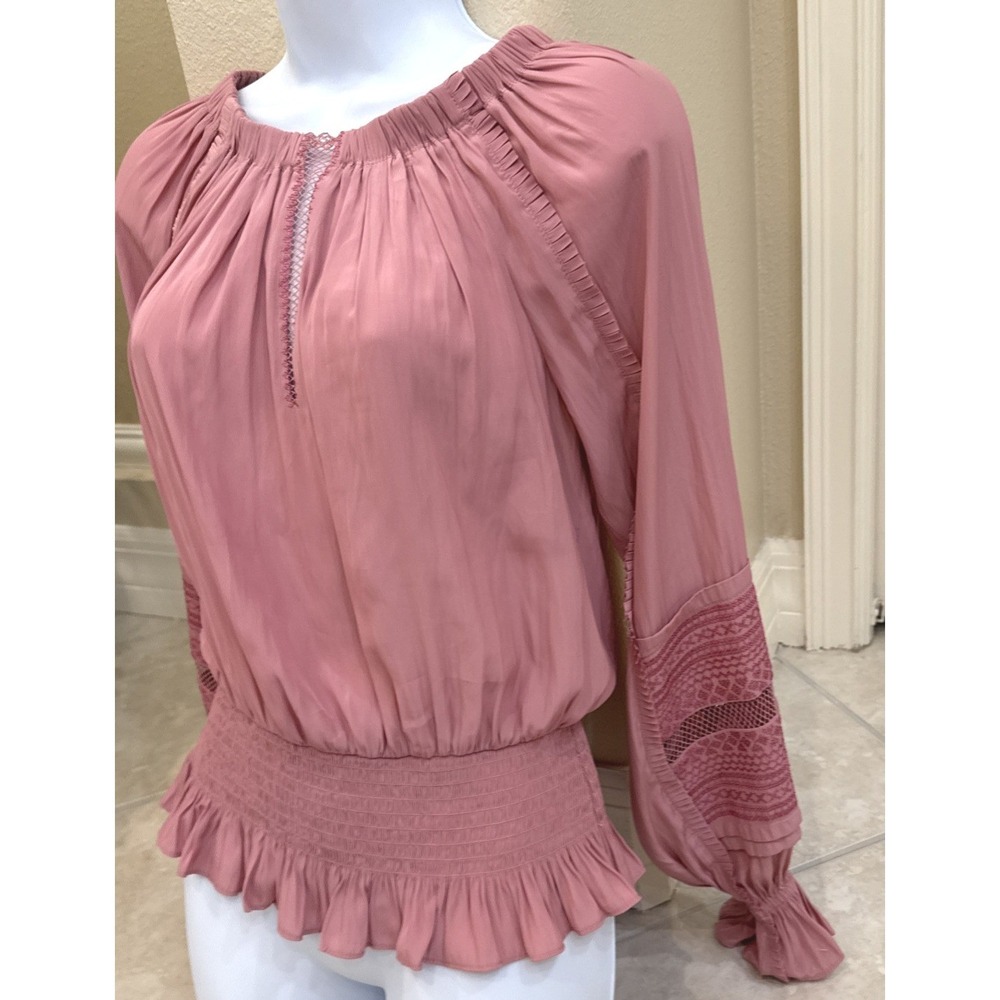 Ramy Brook Womens Dusty Rose Smocked Waist Lace Detail Blouse Pink XS